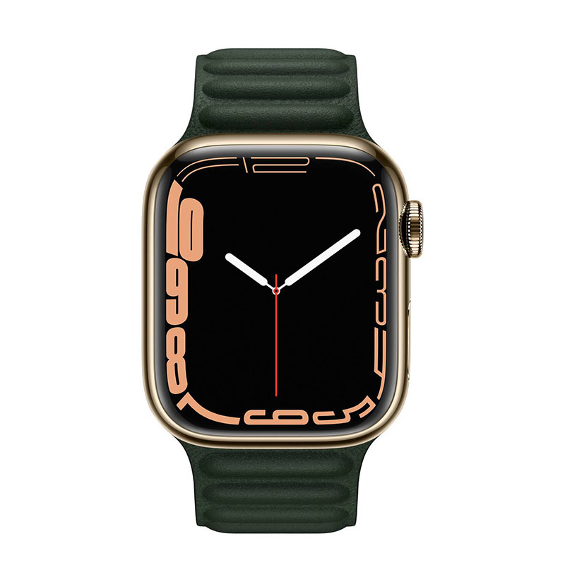 часы apple watch series 7 41 мм золотая нержавеющая сталь, браслет из кожи «зелёная секвойя»