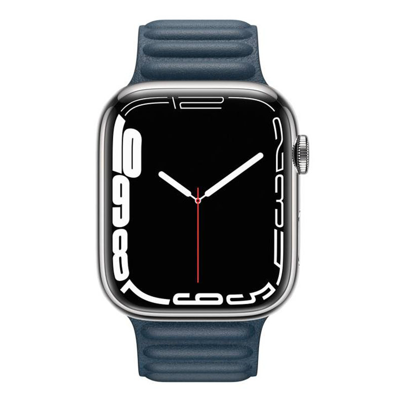 часы apple watch series 7 45 мм серебристая нержавеющая сталь браслет из кожи «балтийский синий»