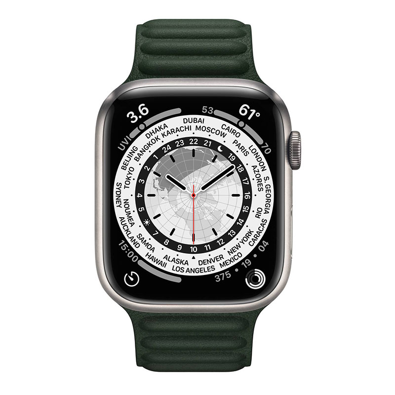 часы apple watch series 7 45 мм титановые кожаный ремешок «зелёная секвойя»