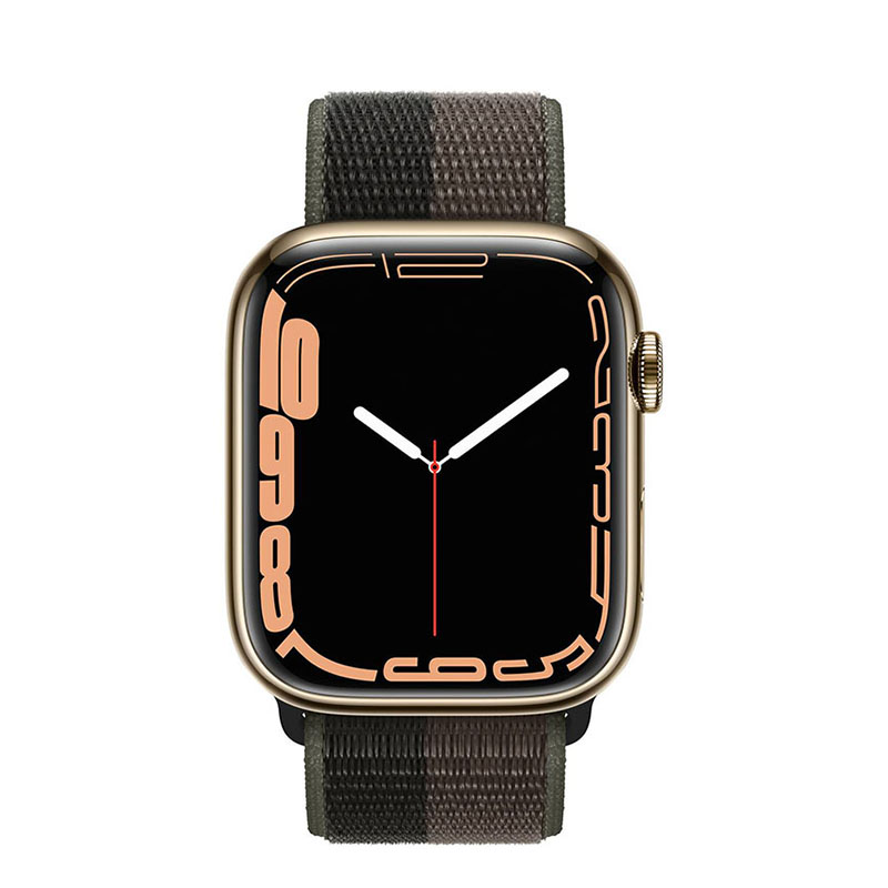 часы apple watch series 7 41 мм сталь золотистая спортивный браслет «сумрачный торнадо/серый»