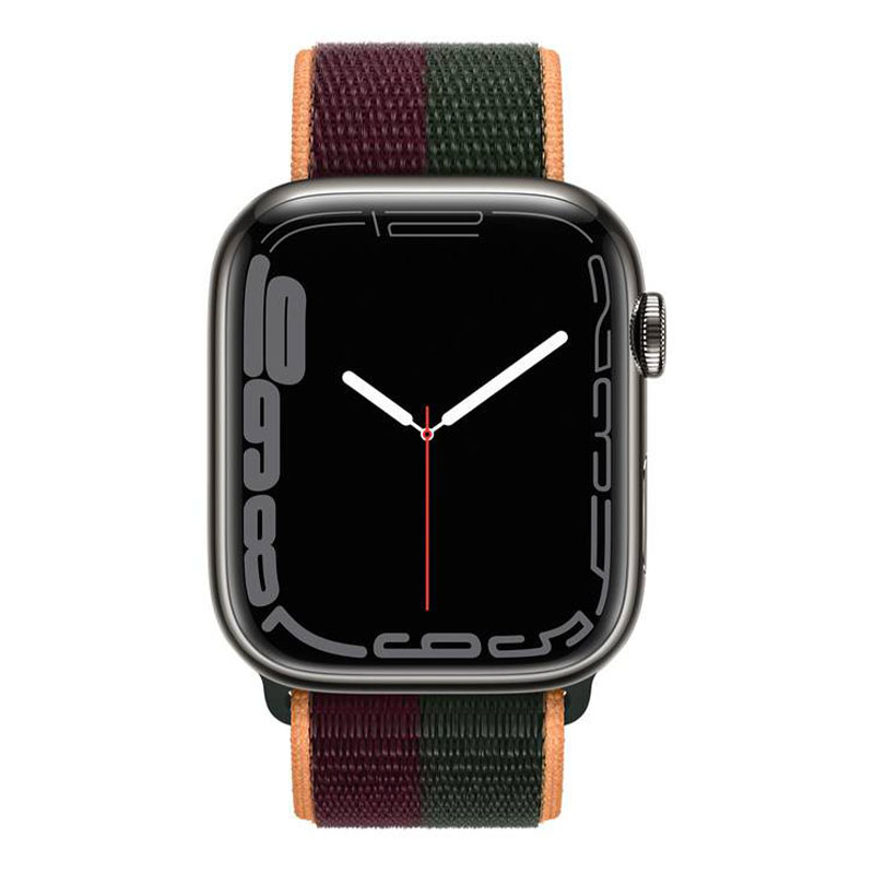 часы apple watch series 7 45 мм сталь графитового цвета спортивный браслет «тёмная вишня/зелёный лес»