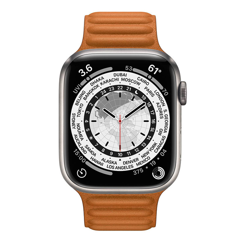 часы apple watch series 7 45 мм титановые кожаный ремешок “золотистая охра”