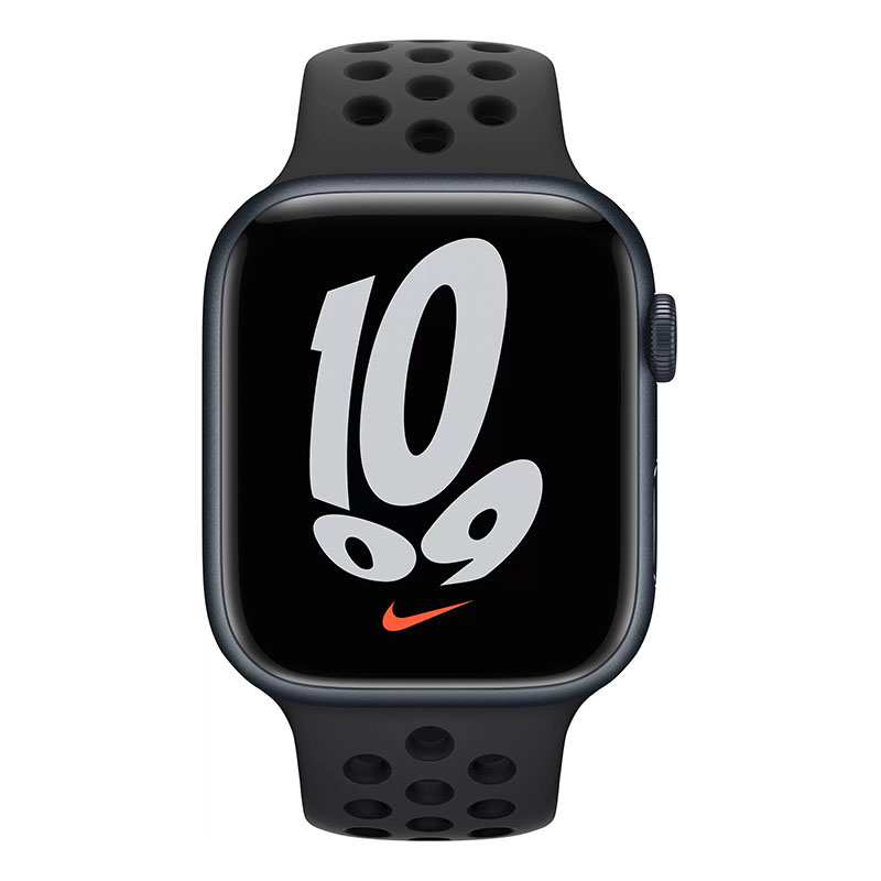 умные часы apple watch nike series 7 gps 45мм aluminum case with sport band антрацитовый/чёрный (mknc3)