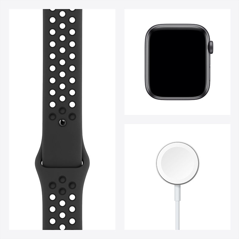 часы apple watch nike se 44 мм корпус из алюминия цвета серый космос, спортивный ремешок nike цвета антрацитовый/чёрный