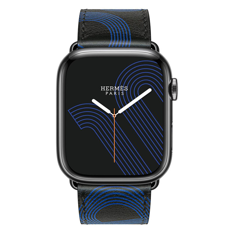 часы apple watch series 7 hermes 45 мм, черный, кожаный черный ремешок с синим узором