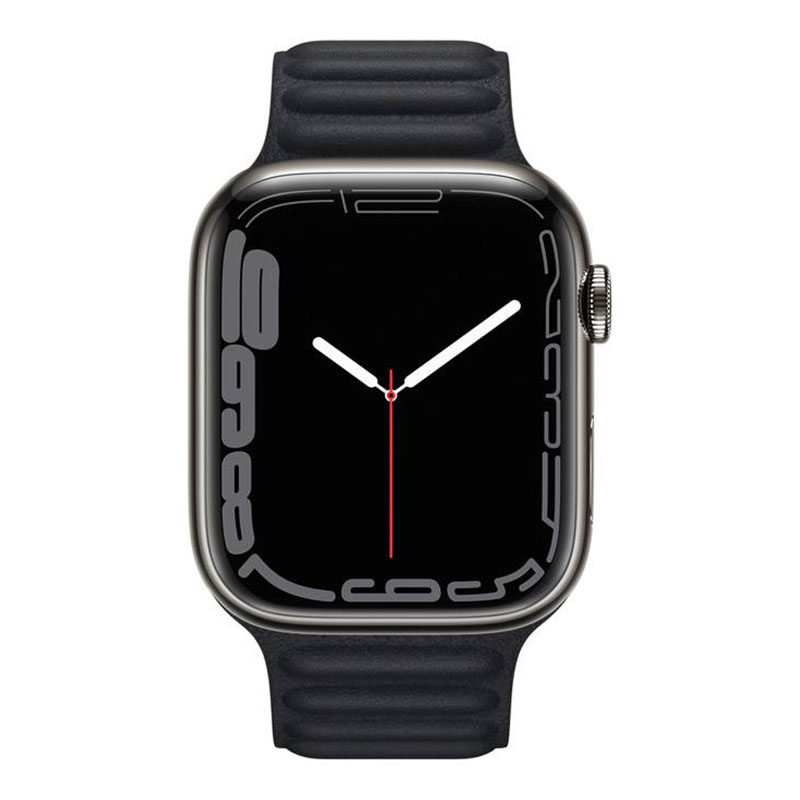 часы apple watch series 7 45 мм графитовая нержавеющая сталь браслет из кожи «тёмная ночь»