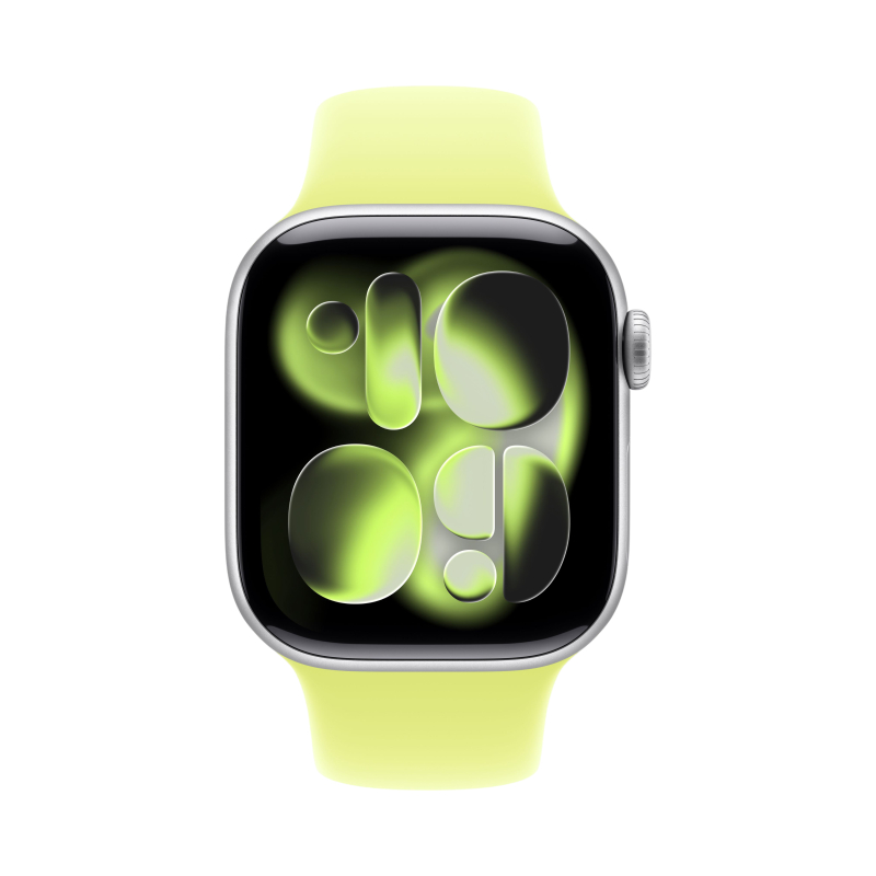 умные часы apple watch series 11 (2025) gps 42 мм, silver aluminium case, sport band, neon yellow s/m