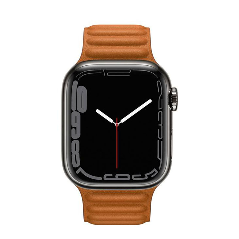 часы apple watch series 7 41 мм графитовая нержавеющая сталь браслет из кожи «золотистая охра»