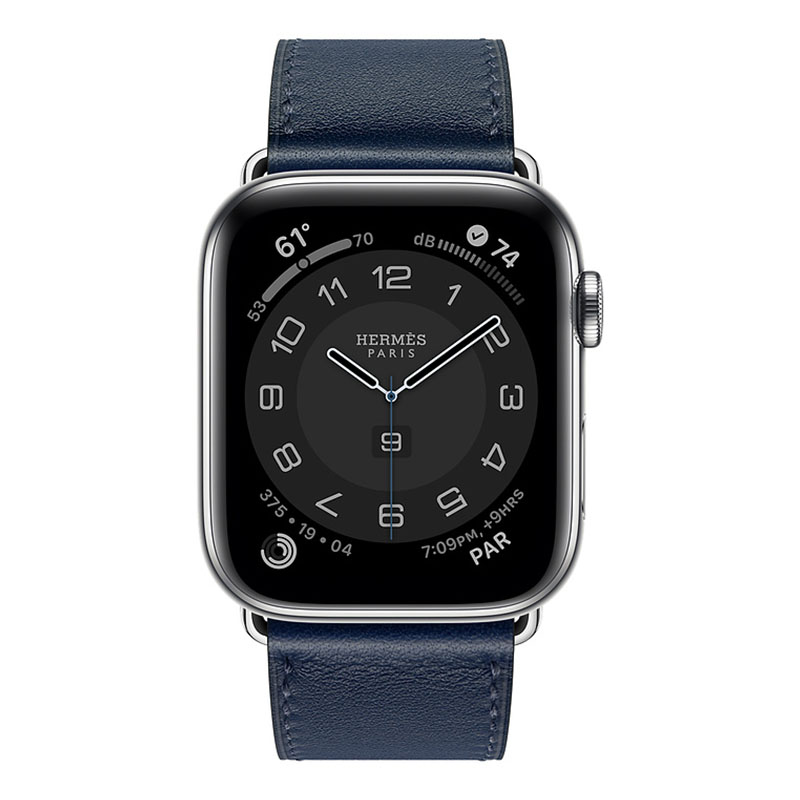 часы apple watch series 6 hermès 44mm корпус из стали серебристого цвета, синий кожаный ремешок (mgx03)