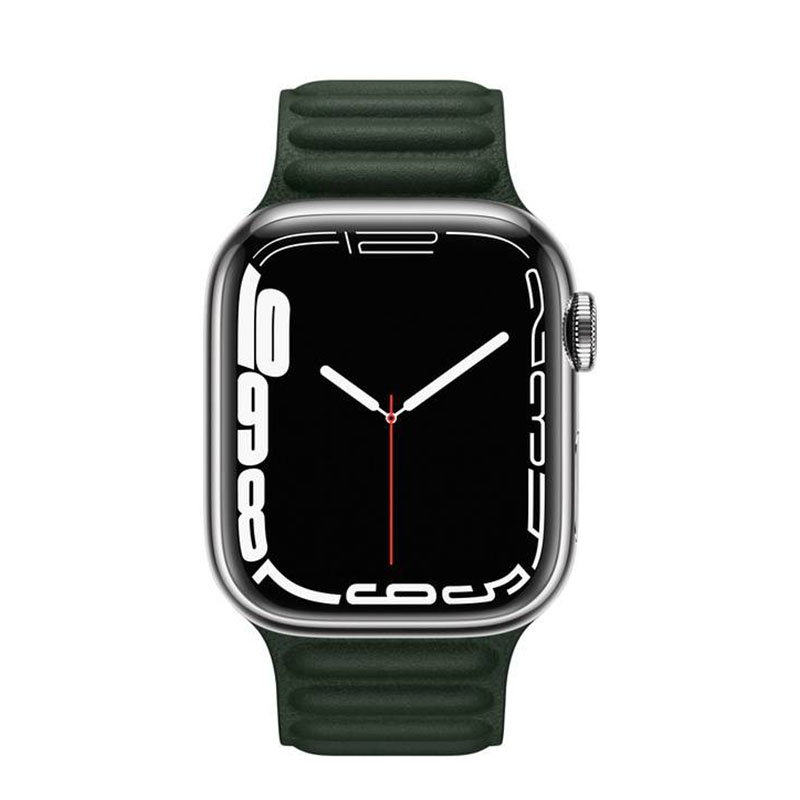 часы apple watch series 7 41 мм серебристая нержавеющая сталь браслет из кожи «зелёная секвойя»