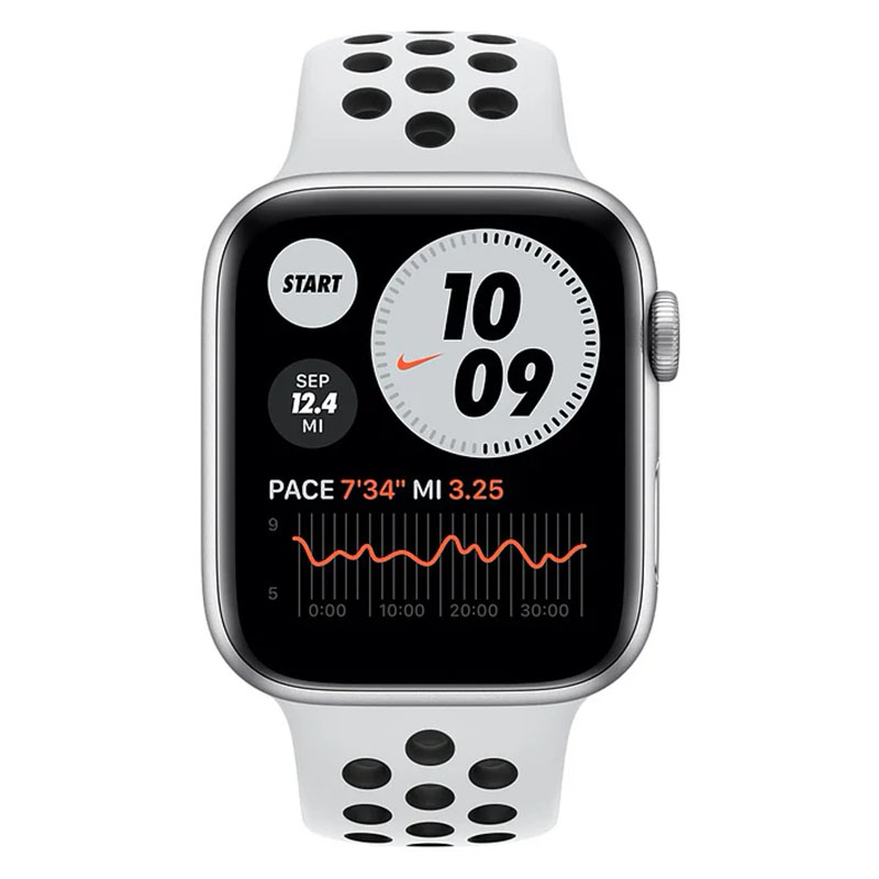 часы apple watch nike series 6 корпус из алюминия 40mm серебристого цвета, cпортивный ремешок nike «чистая платина/чёрный» (m00t3)