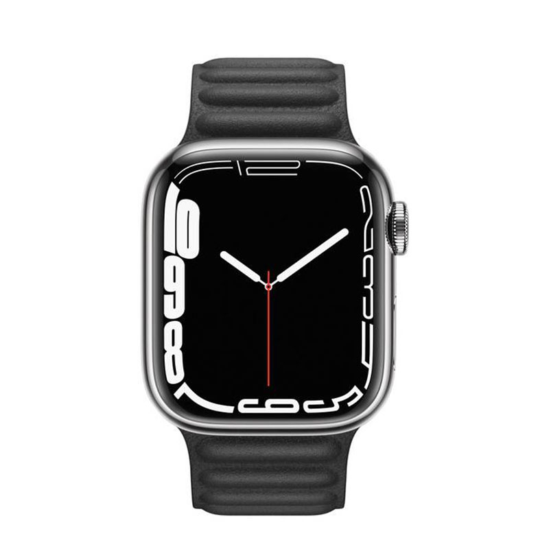 часы apple watch series 7 41 мм серебристая нержавеющая сталь браслет из кожи чёрный