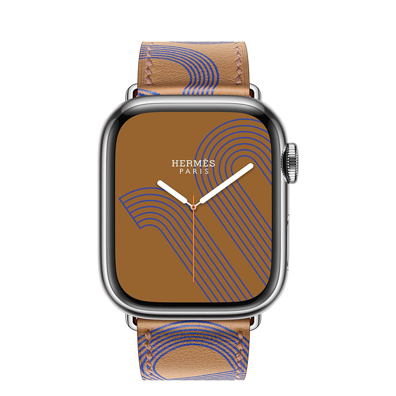 часы apple watch series 7 hermes 41 мм, серебристый, кожаный ремешок бисквитного цвета с синим узором