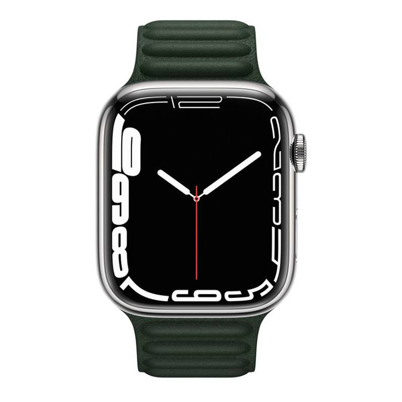 часы apple watch series 7 45 мм серебристая нержавеющая сталь браслет из кожи «зелёная секвойя»