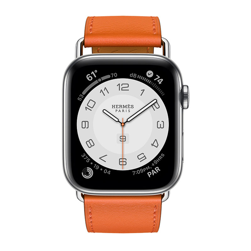 часы apple watch series 6 hermès 44mm корпус из стали серебристого цвета, оранжевый кожаный ремешок (mg223)