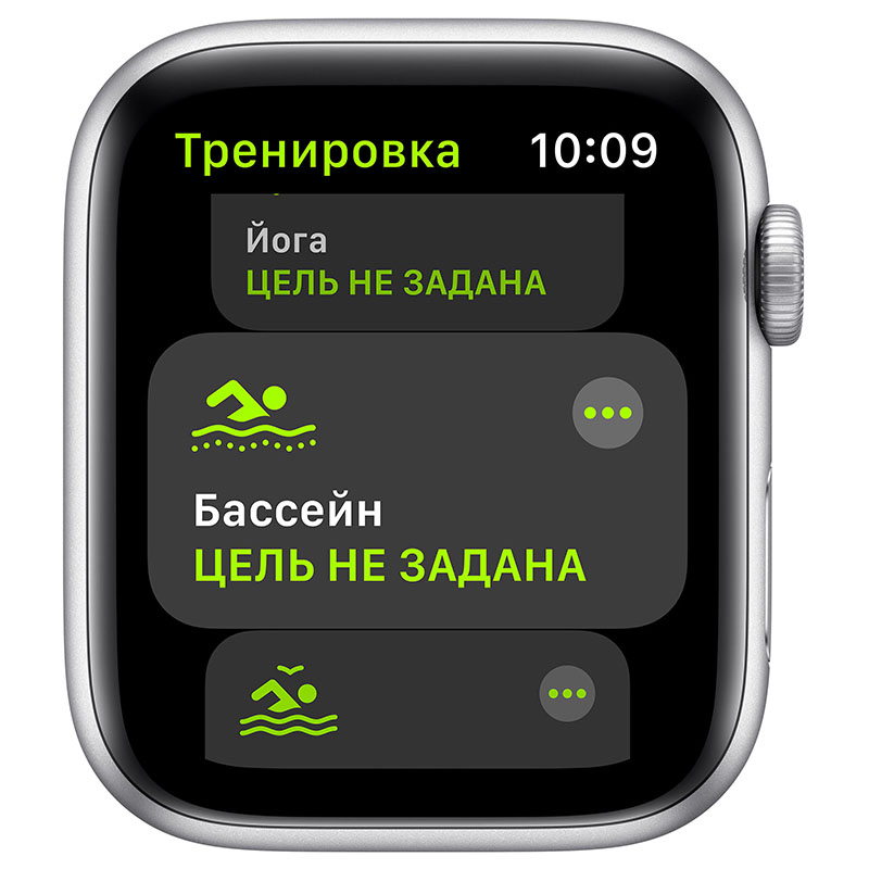 часы apple watch se 44 мм корпус из алюминия серебристого цвета, спортивный ремешок белого цвета