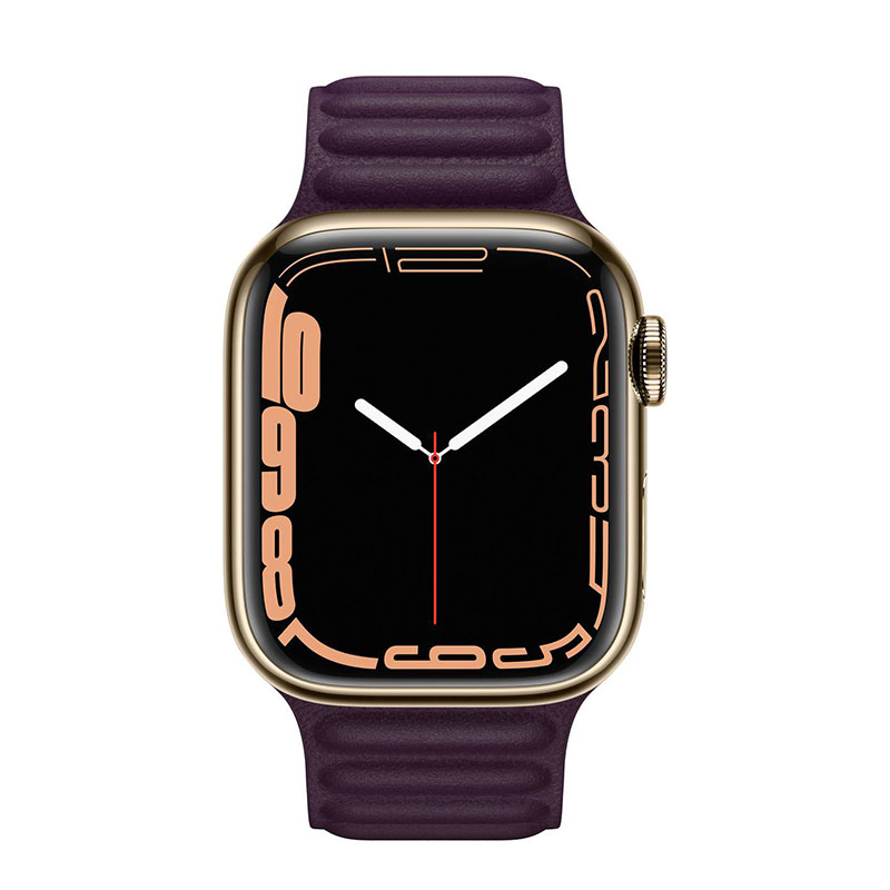 часы apple watch series 7 41 мм золотая нержавеющая сталь браслет из кожи «тёмная вишня»