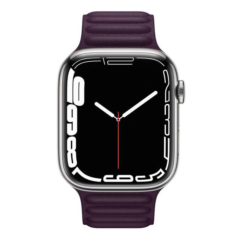 часы apple watch series 7 45 мм серебристая нержавеющая сталь браслет из кожи «тёмная вишня»