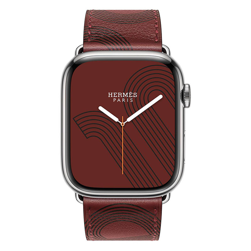 часы apple watch series 7 hermes 45 мм, серебристый, кожаный красный ремешок с черным узором
