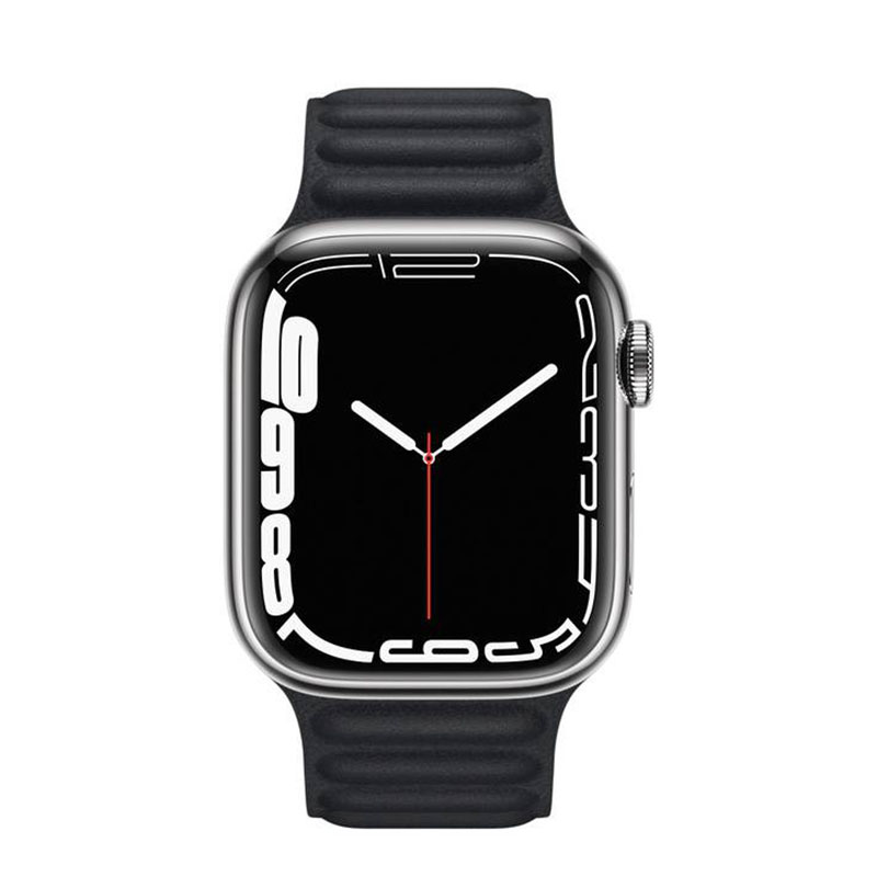 часы apple watch series 7 41 мм серебристая нержавеющая сталь браслет из кожи «тёмная ночь»