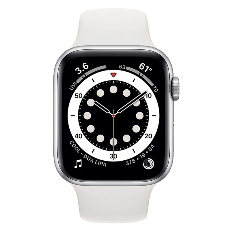 часы apple watch series 6 44mm корпус из алюминия серебристого цвета, cпортивный ремешок белый (m00d3)