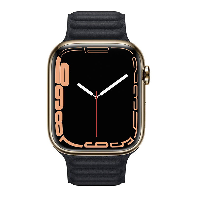 часы apple watch series 7 45 мм золотая нержавеющая сталь браслет из кожи «тёмная ночь»