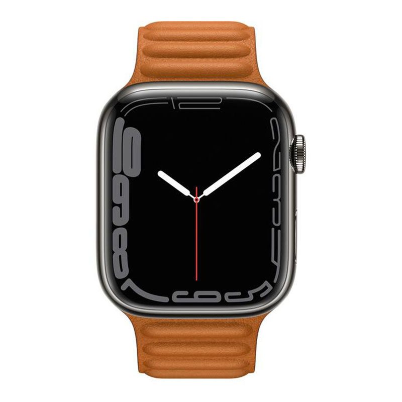 часы apple watch series 7 45 мм графитовая нержавеющая сталь браслет из кожи «золотистая охра»