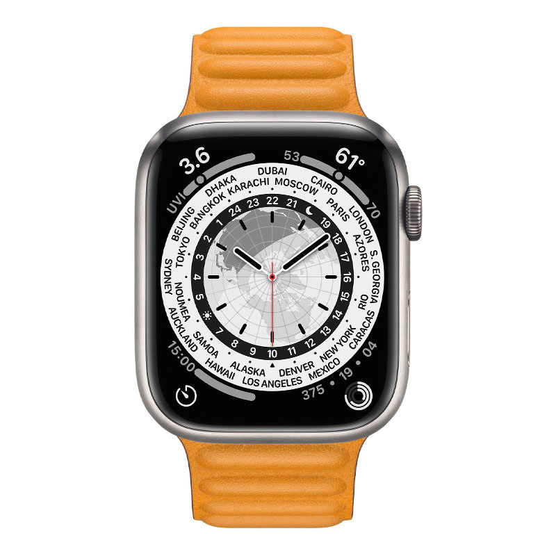 часы apple watch series 7 45 мм титановые кожаный ремешок «золотой апельсин»