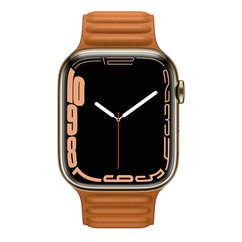 часы apple watch series 7 45 мм золотая нержавеющая сталь браслет из кожи «золотистая охра»