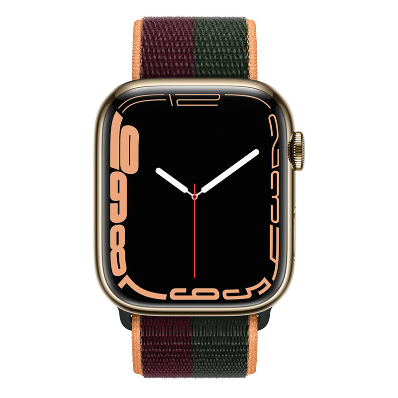 часы apple watch series 7 45 мм сталь золотистая спортивный браслет «тёмная вишня/зелёный лес»