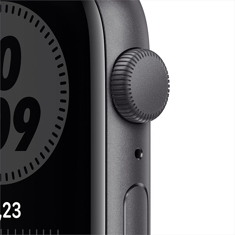 часы apple watch nike se 44 мм корпус из алюминия цвета серый космос, спортивный ремешок nike цвета антрацитовый/чёрный