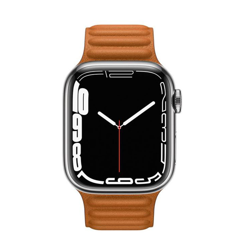 часы apple watch series 7 41 мм серебристая нержавеющая сталь браслет из кожи «золотистая охра»
