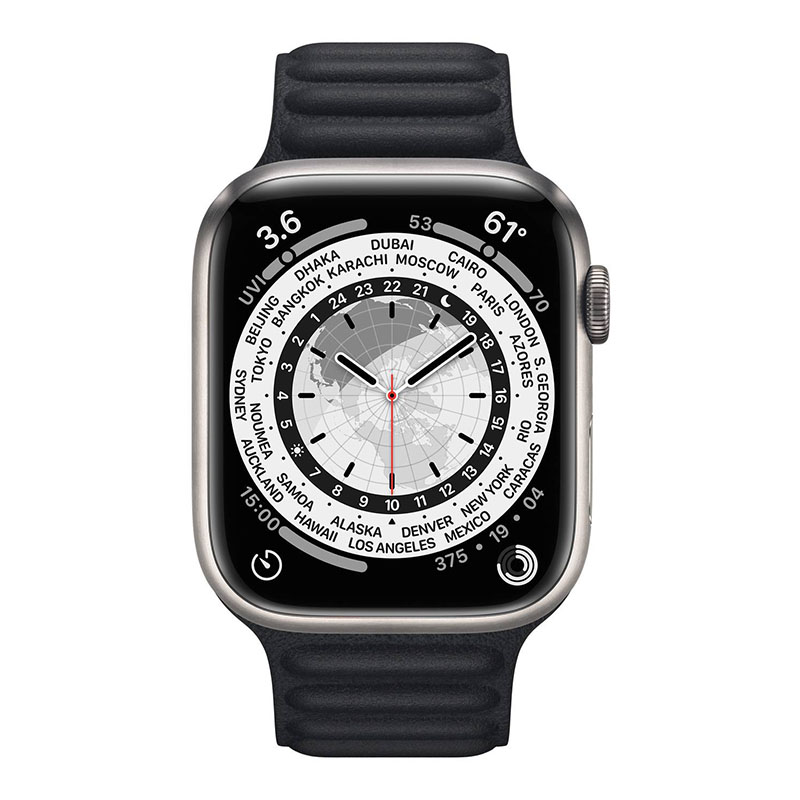часы apple watch series 7 45 мм титановые кожаный ремешок «тёмная ночь»