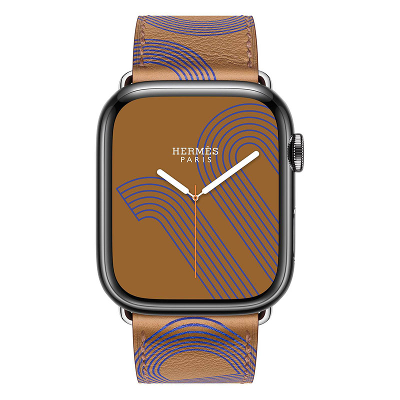 часы apple watch series 7 hermes 45 мм, черный, кожаный ремешок бисквитного цвета с синим узором