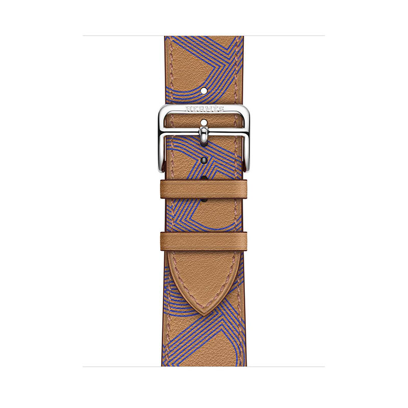 часы apple watch series 7 hermes 41 мм, серебристый, кожаный ремешок бисквитного цвета с синим узором