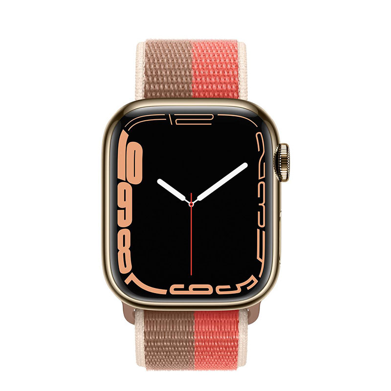 часы apple watch series 7 41 мм сталь золотистая спортивный браслет «розовый помело/миндальный»