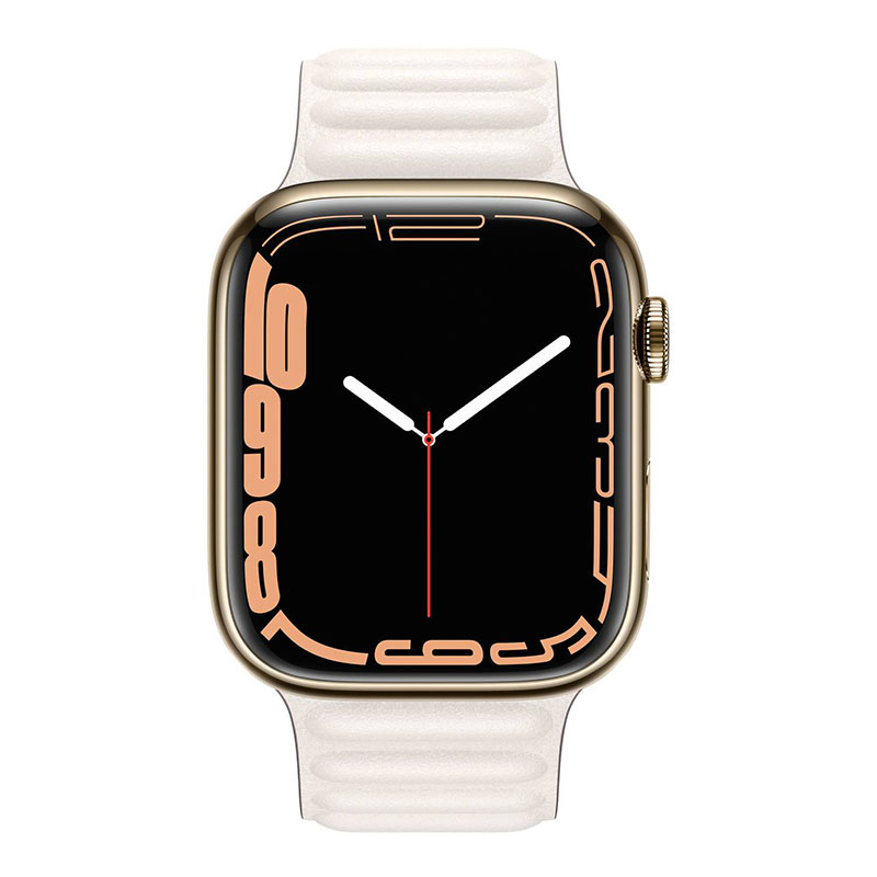 часы apple watch series 7 45 мм золотая нержавеющая сталь браслет из кожи «белый мел»