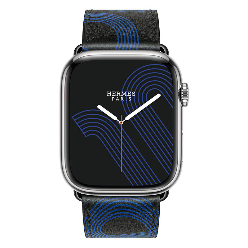 часы apple watch series 7 hermes 45 мм, серебристый, кожаный черный ремешок с синим узором