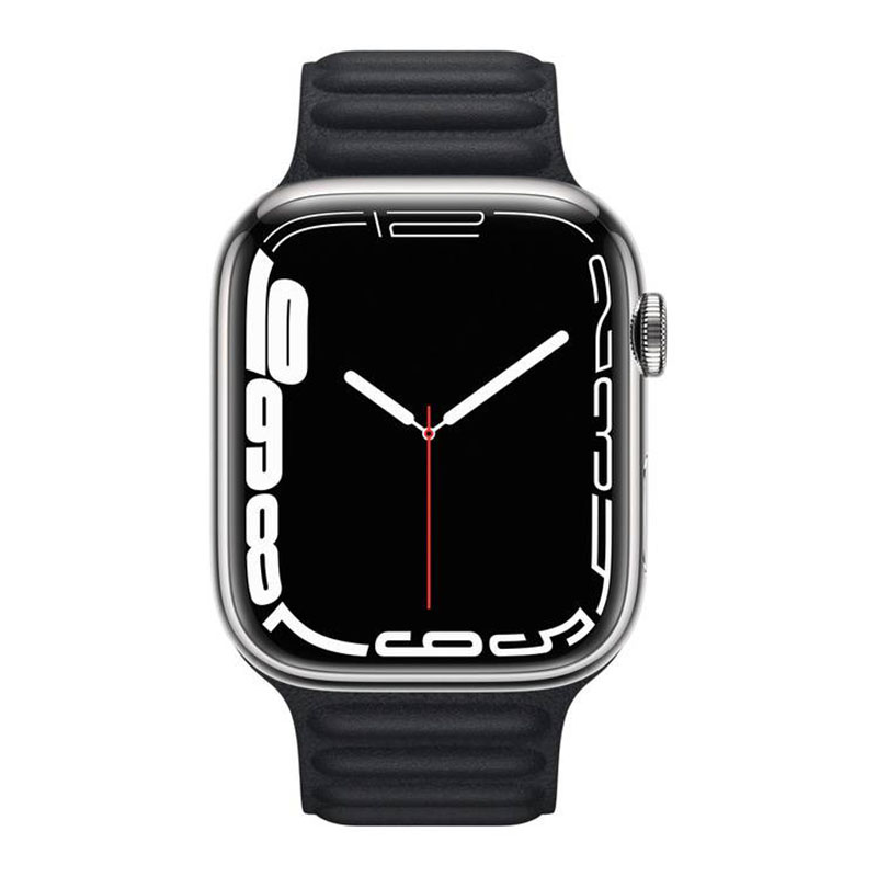 часы apple watch series 7 45 мм серебристая нержавеющая сталь браслет из кожи «тёмная ночь»
